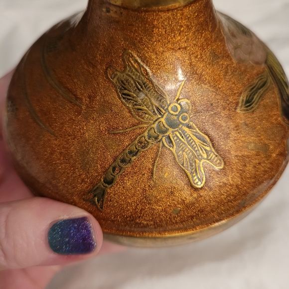 Brass Cloissonne Vase With Dragonfly and Floral Details - Picture 3 of 6